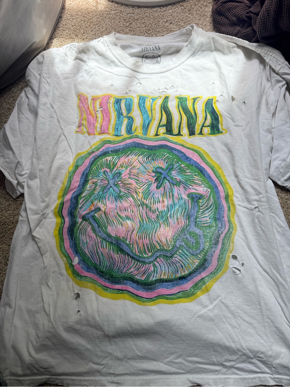Urban Outfitters White Nirvana Graphic Tee with Pink, Green, Yellow, Blue Print